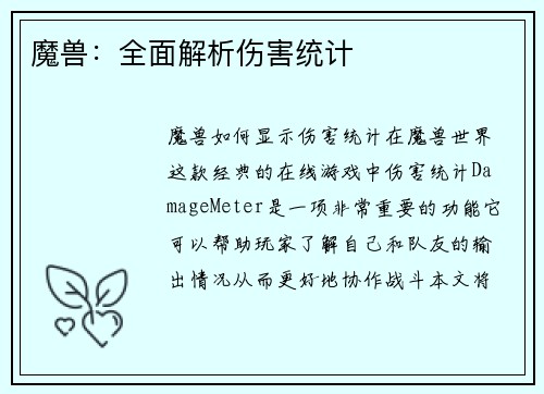 魔兽：全面解析伤害统计